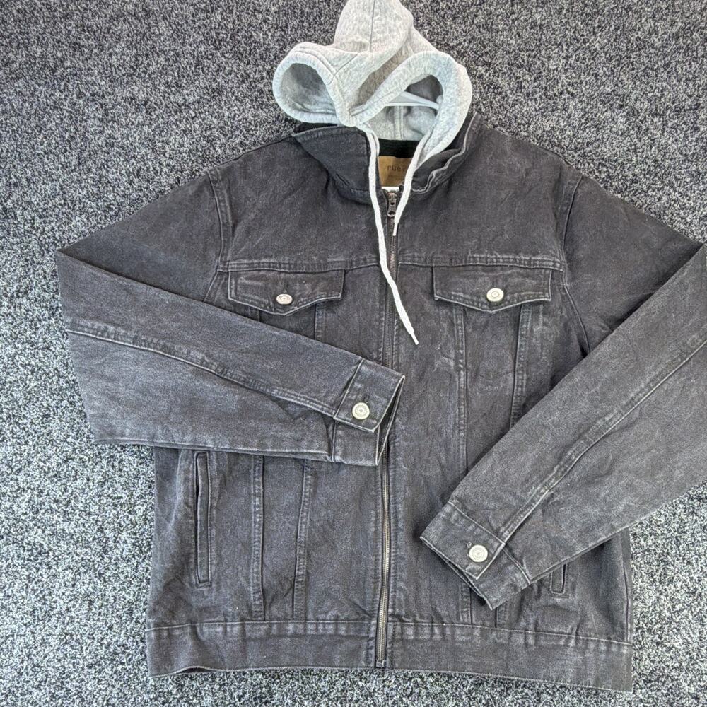 Rue21 Mens Large Hooded Denim Jacket Washed Black Gray Hood Full Zip Trucker